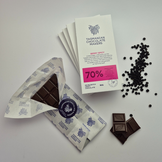 Berry Spicy 70% chocolate - Rich, smooth 70% chocolate with Tasmanian Pepper Berry